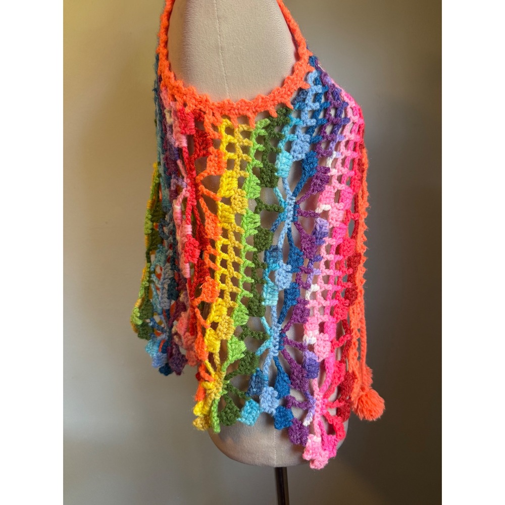 Handmade Rainbow Crochet Vest  Open Knit Boho Festival Pom Pom boho whimsi retro - Picture 2 of 4